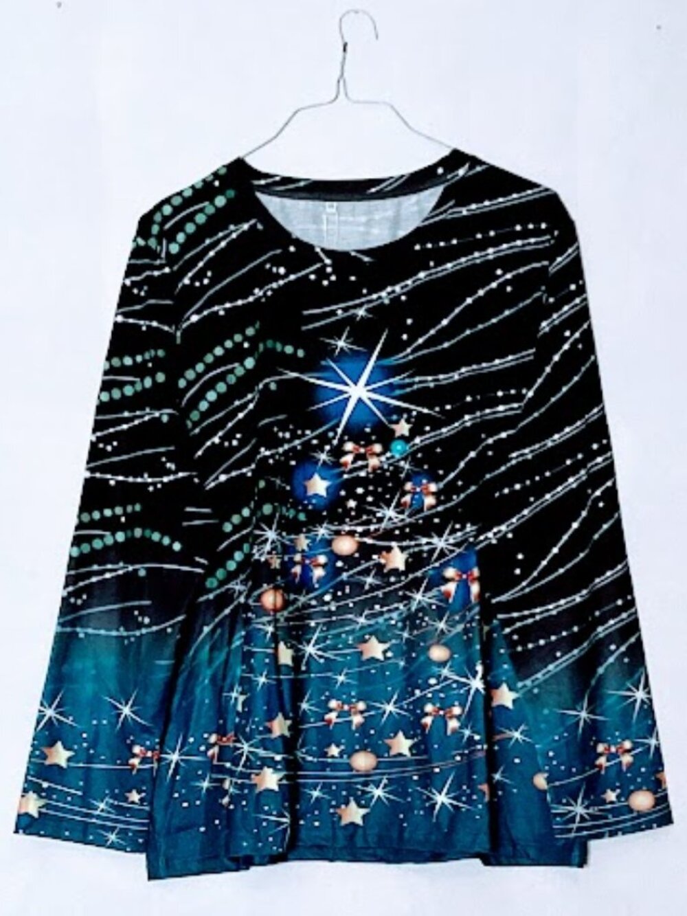 Christmas Starry Night Long Sleeve Top / Holiday Festive Graphic Blouse